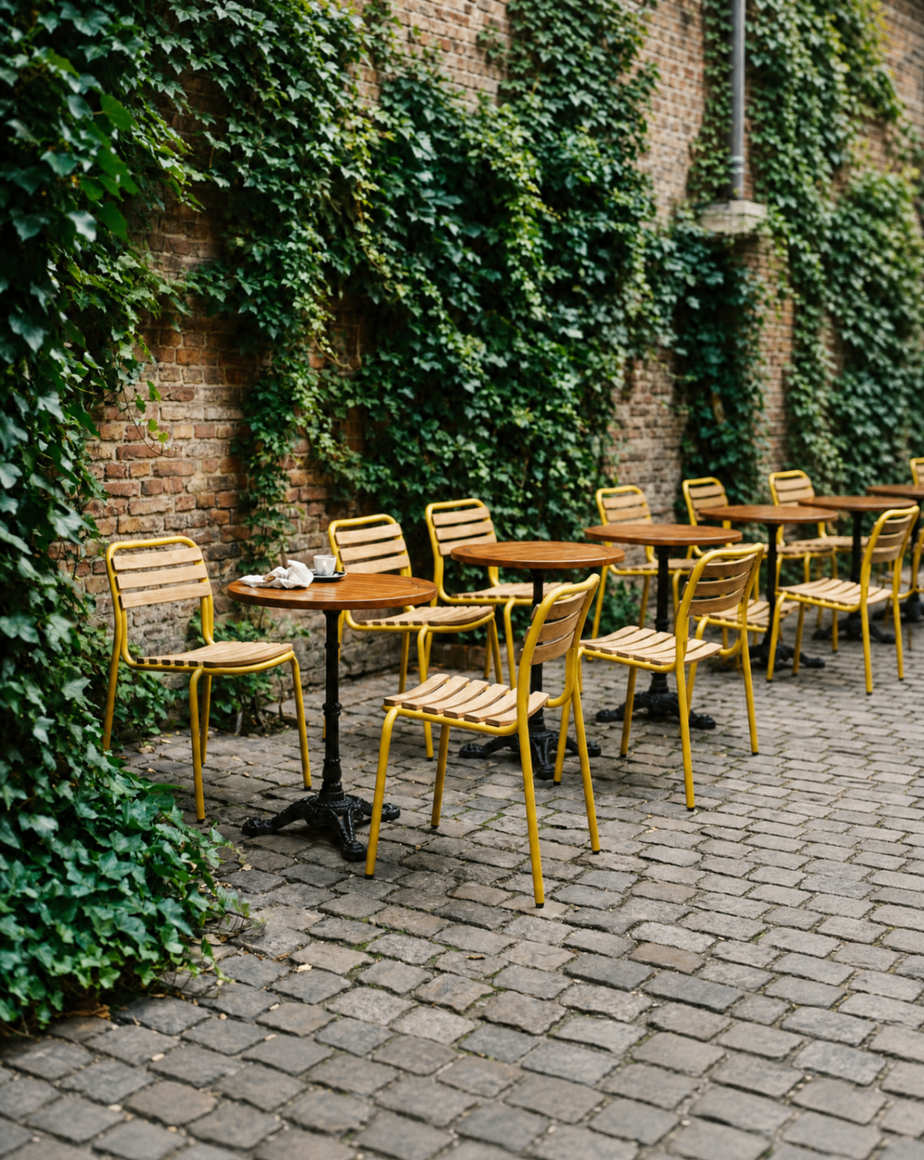 Cobblestone café terrace with yellow teak-slatted chairs and round bistro tables against an ivy-covered brick wall