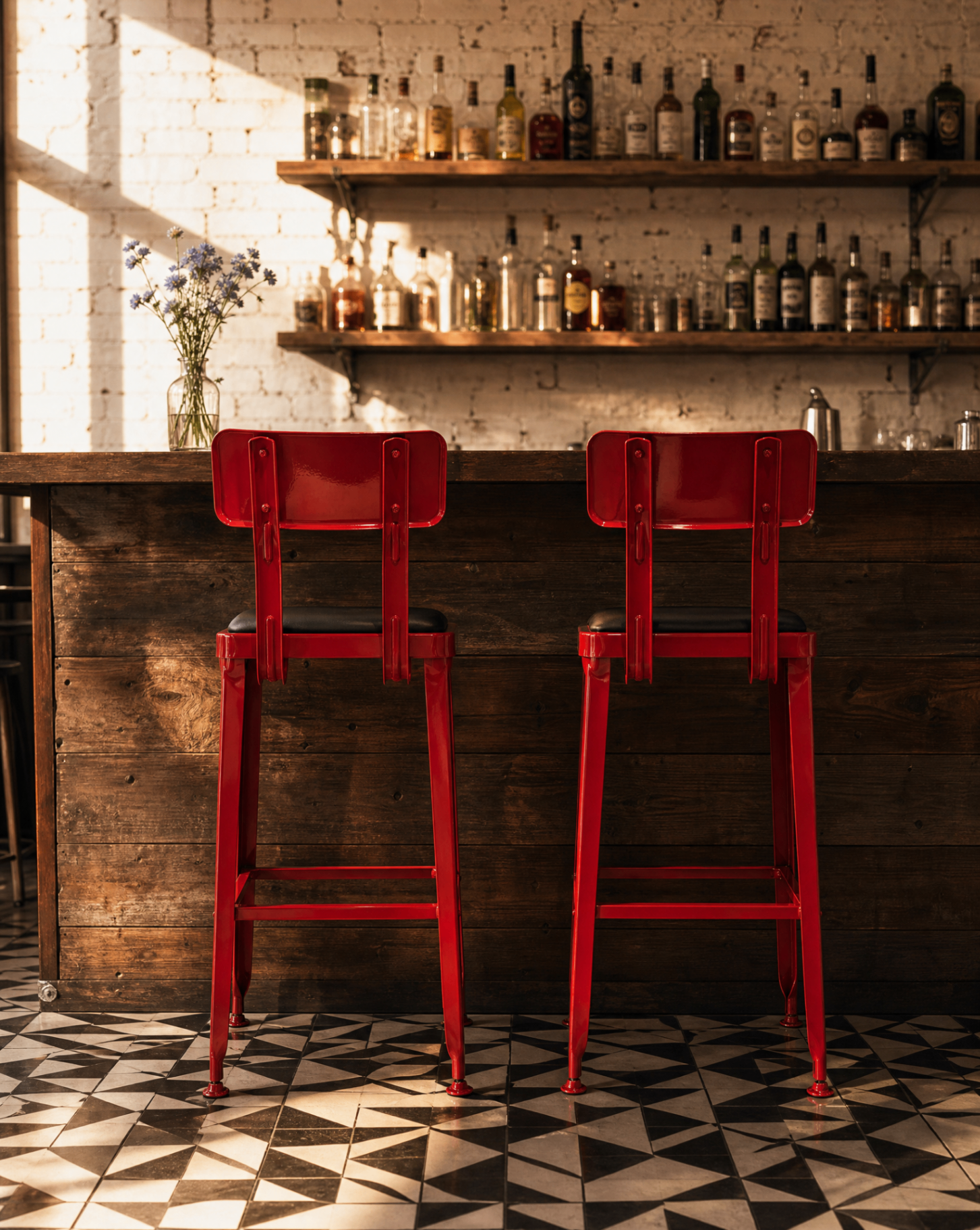 Two gloss red Octane bar stools with black upholstered seats at a reclaimed wood bar counter