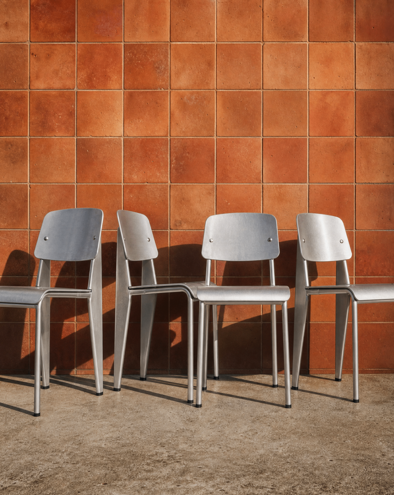 Four brushed-aluminum Jean Collection chairs against a terracotta tile wall