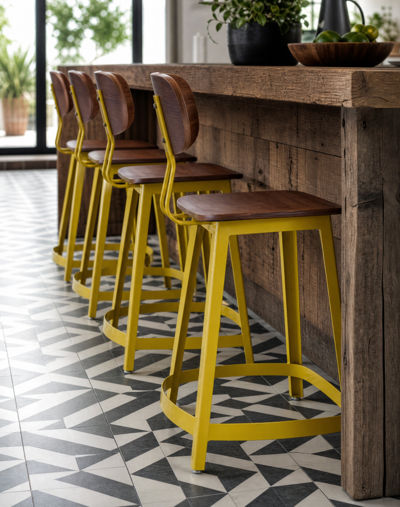 Habitus bar stools with warm wood seats and yellow steel frames at a rustic counter