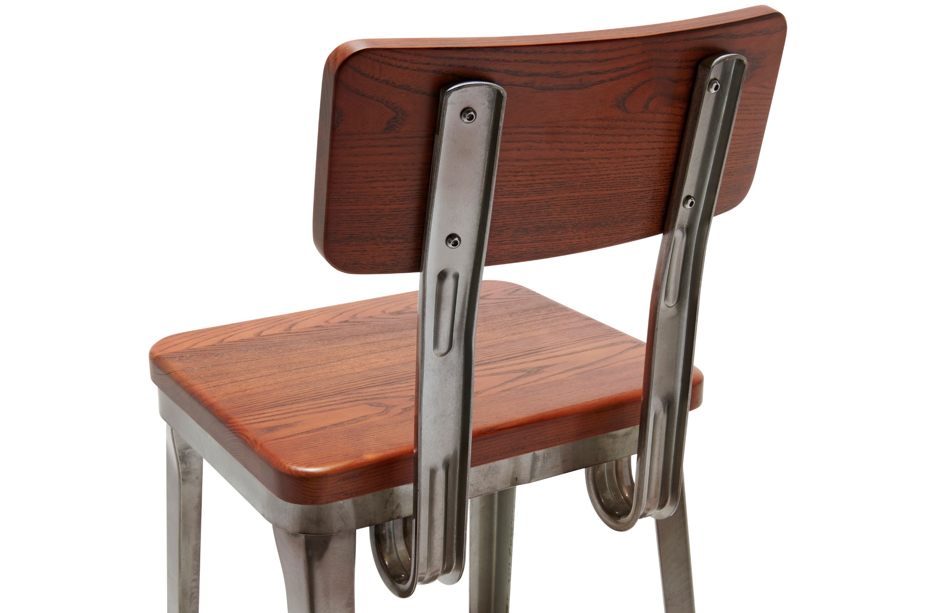 Octane Collection chair with bent-ply wood seat and back, gunmetal steel frame and visible chrome fasteners