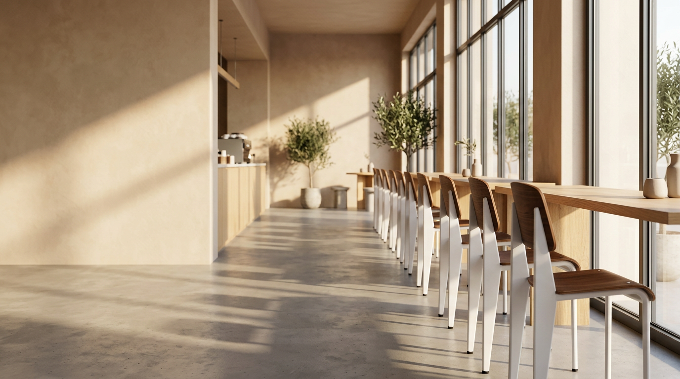 Jean chairs in white and walnut lining oak tables in a sunlit café
