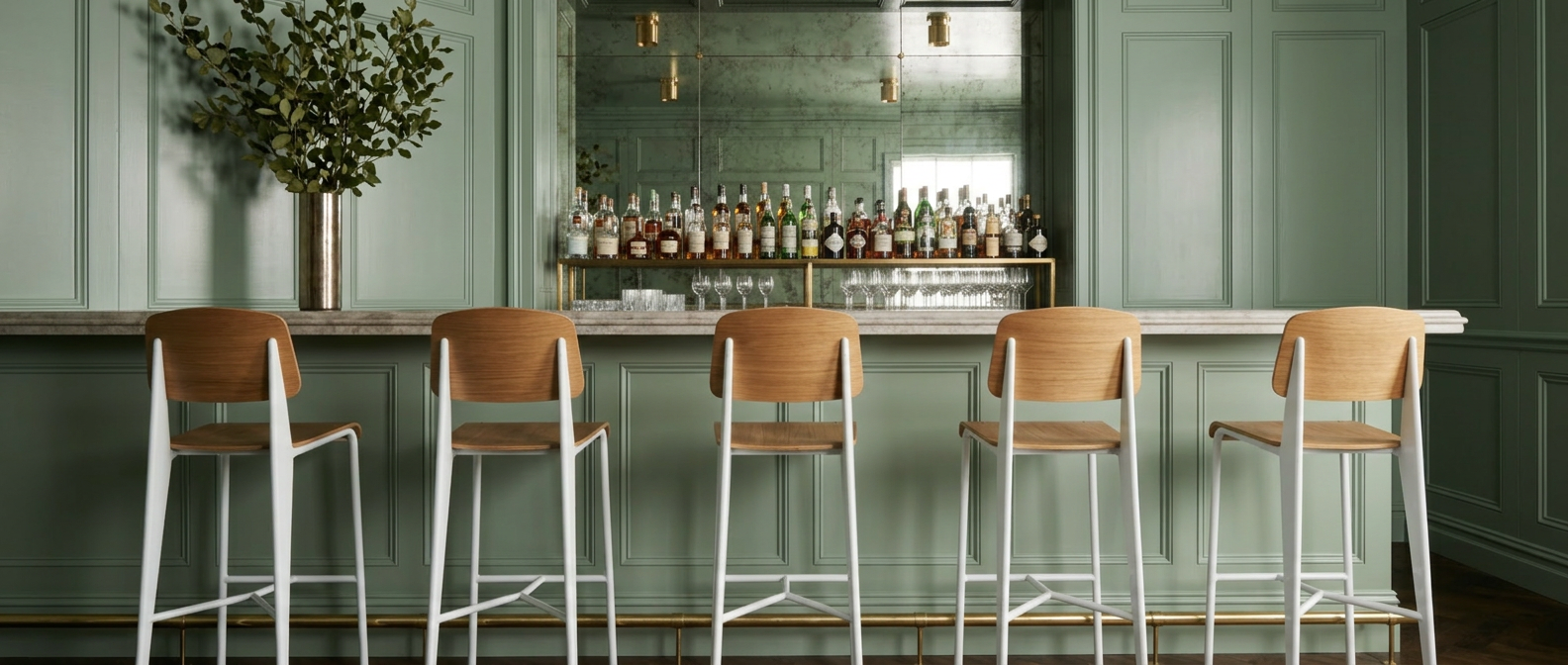 Five Jean Collection bar stools lined up at a marble counter in a sage-green hospitality bar