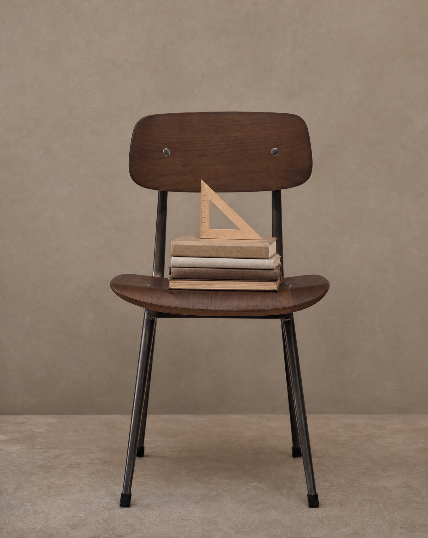 Madewell Collection dining chair with dark walnut bent-ply seat and back, gunmetal splayed steel legs, styled with stacked books and a wooden ruler