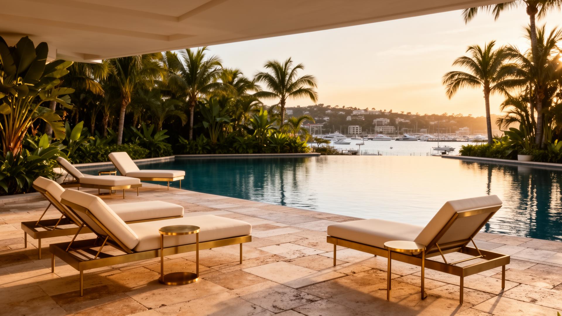 Resort terrace with brass-detailed lounge furniture at golden hour